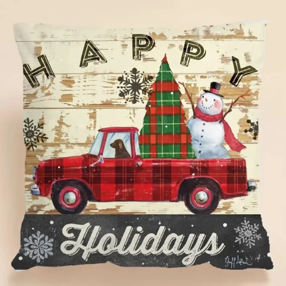 NEW HAPPY HOLIDAYS VTG TRUCK DOG SNOWMAN FARMHOUSE POLYESTER PILLOW COVER 17.7